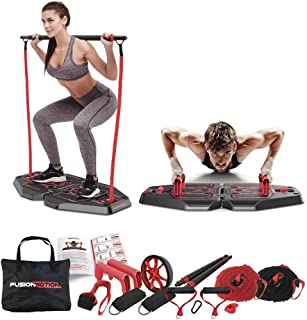 Fusion Motion Portable Gym with 8 Accessories Including Heavy Resistance Bands, Tricep Bar, Ab Roller Wheel, Pulleys